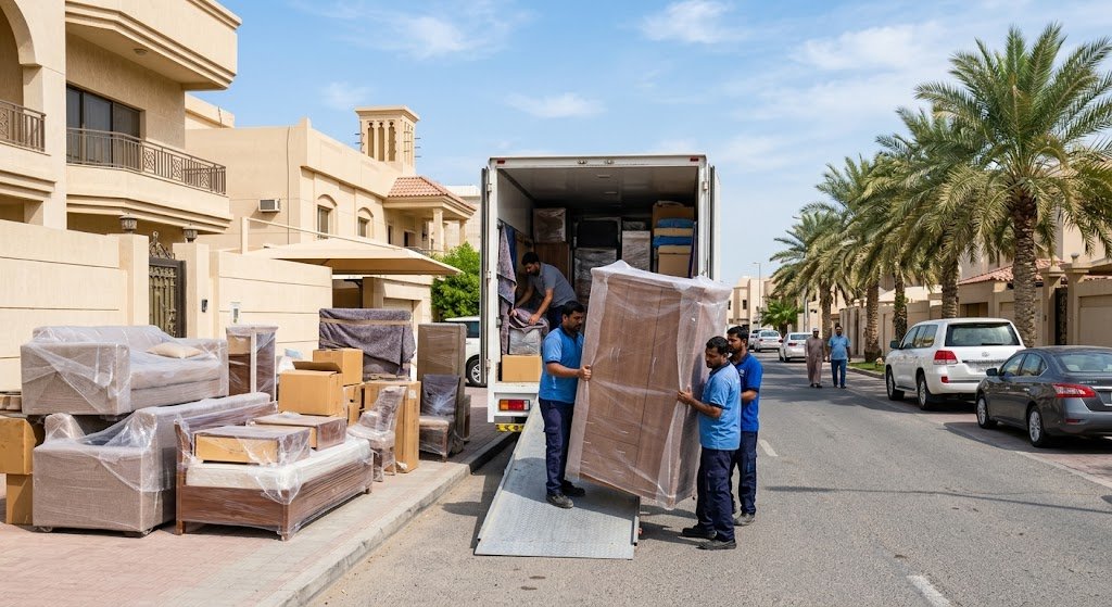 شاحنة مجهزة وعمال محترفون يقومون بتغليف وتحميل الأثاث المنزلي بدقة من إحدى الفلل في مدينة صباح الأحمد السكنية بدولة الكويت لضمان سلامة المنقولات