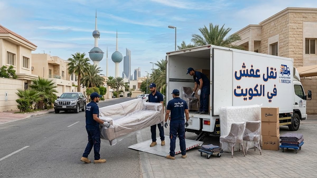 عمال بروق الكويت أثناء تغليف كنبة ونقلها إلى لوري نقل عفش في الكويت