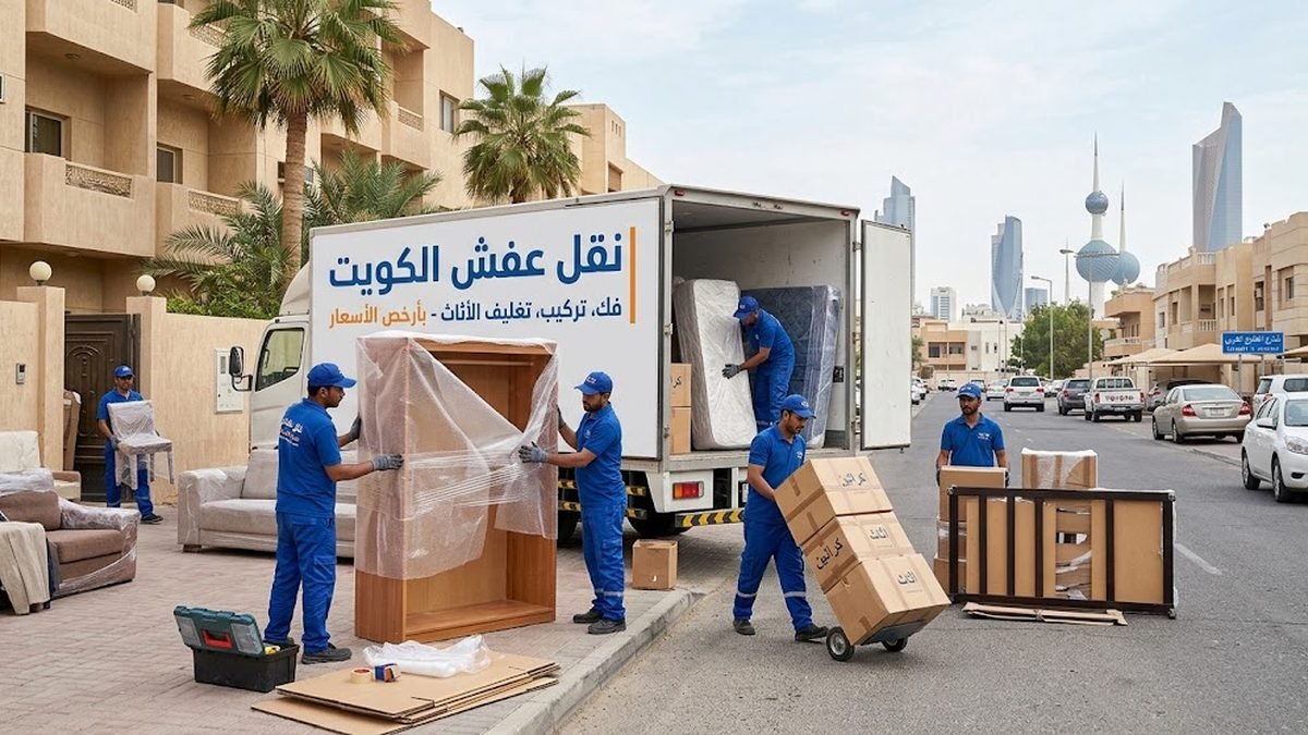 فريق بروق الكويت أثناء فك وتغليف الأثاث وتحميله في لوري مغلق بالكويت